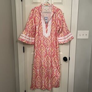 New Sail To Sable Pink Yellow Ikat Bell Sleeve Kaftan Sz XL‎ Resortwear Maxi NWT